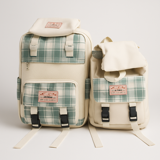 Green & Cream Plaid Backpack Set – Chic & Versatile